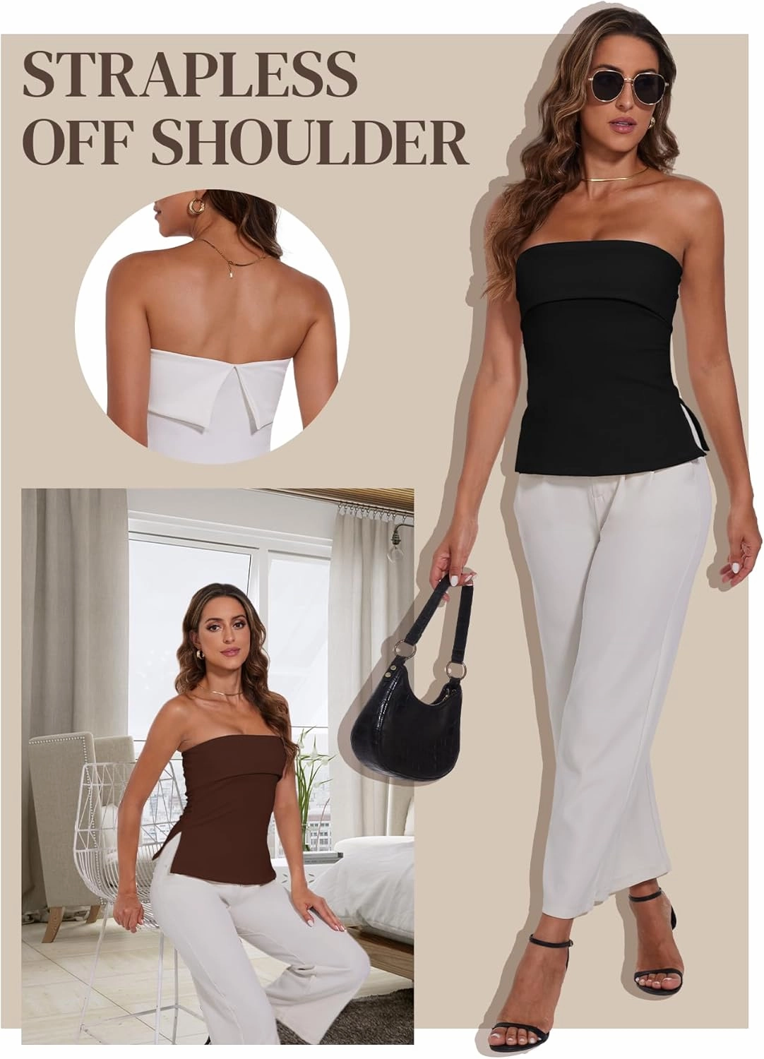 Strapless Tube Tops for Women Backless Going Out Bandeau Top Sexy Trendy Off Shoulder Side Split Summer Bustier Tops