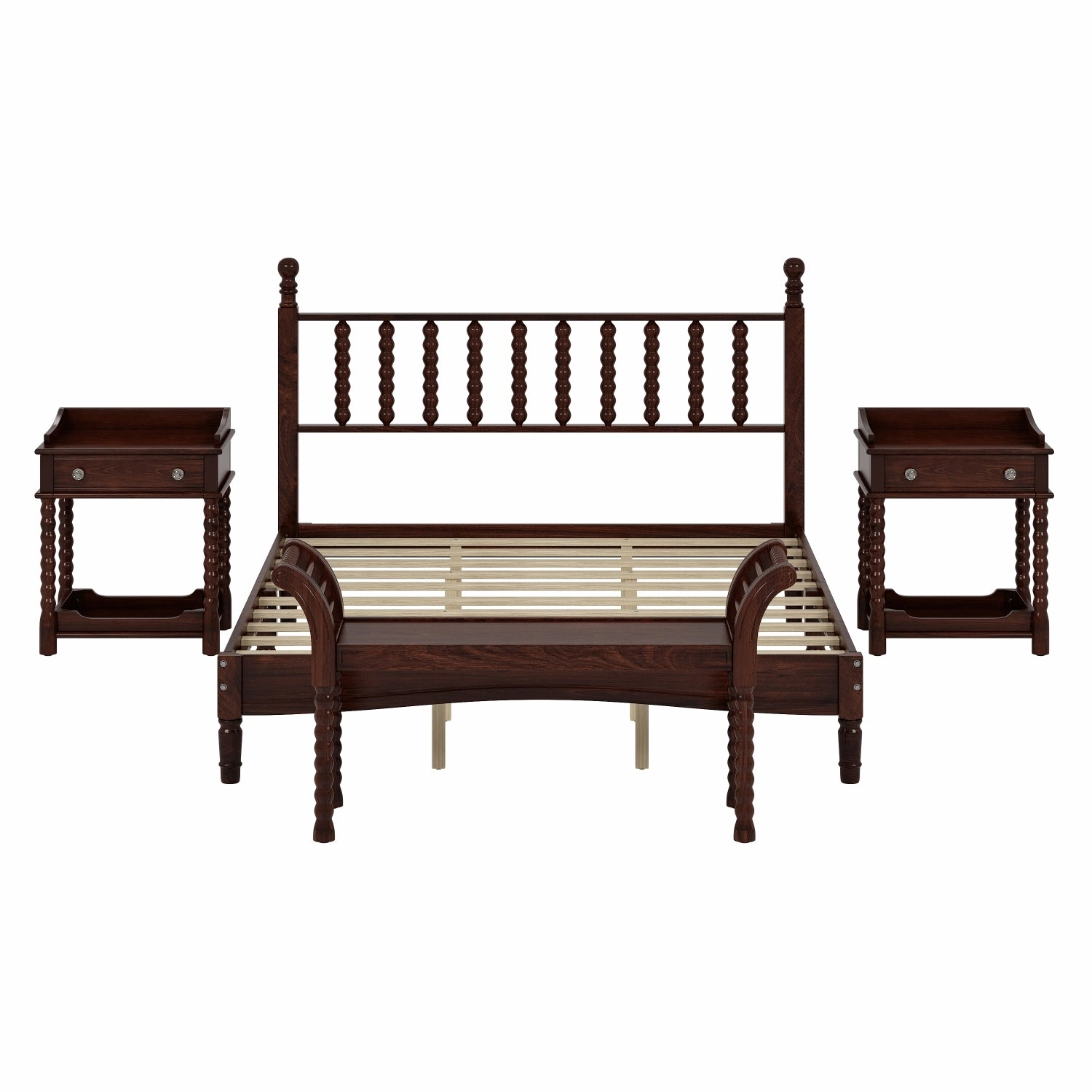 Streamdale Queen Bed Set with Retro Gourd Headboard, Storage Nightstand, Bench