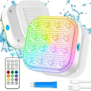 Submersible LED Lights with Remote, Waterproof Underwater LED Light Rechargeable Bettery 16 Color Changing Lamp Magnetic Floating Submersible Lights for Pool Vase Aquarium Decor (Ultra-Thin 2-Set)