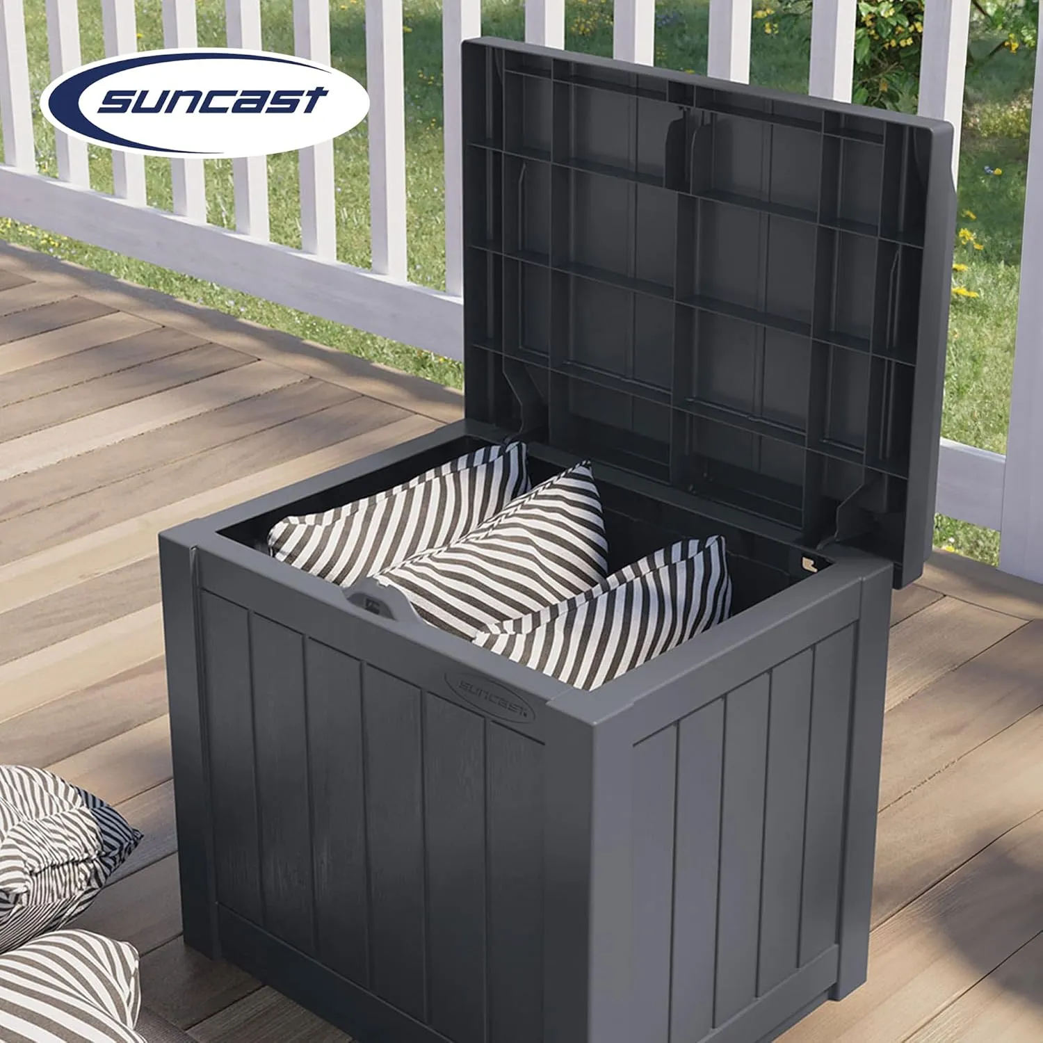 Suncast Small Deck Box Storage w/Bench Seat for Indoor & Outdoor Use, 22 Gal., Cyberspace