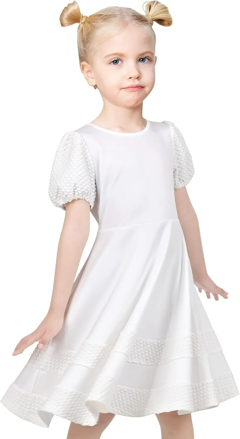 Sunny Fashion Girls Dress Pink Solid A-line Vintage Puff Sleeve Spring Summer