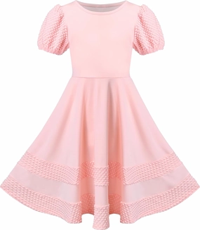 Sunny Fashion Girls Dress Pink Solid A-line Vintage Puff Sleeve Spring Summer