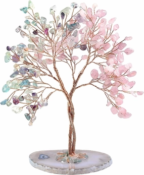 SUNYIK Healing Crystal Tree Sculpture Set on Natural Agate Slices Base, Tree of Life Fengshui Handmade Gift Home Decor for Love and Good Luck, Rose Quartz & Fluorite