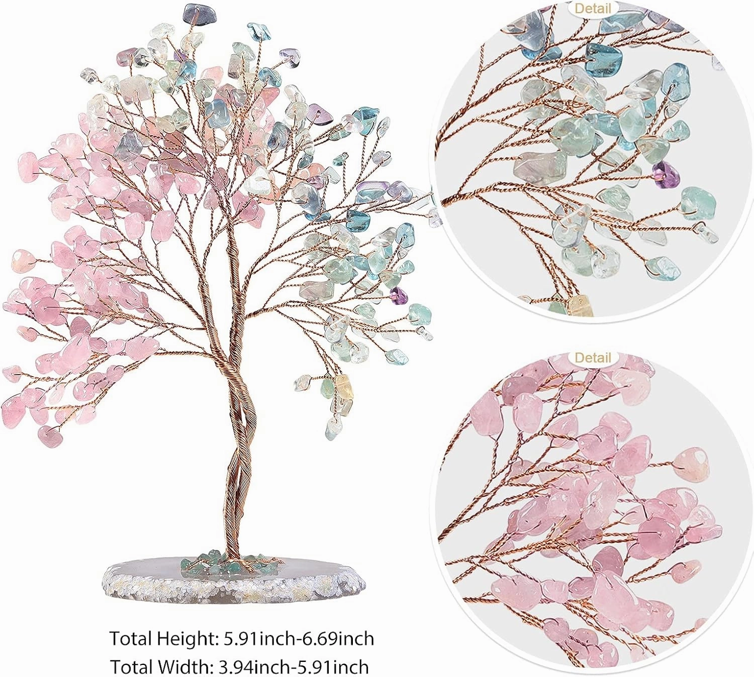 SUNYIK Healing Crystal Tree Sculpture Set on Natural Agate Slices Base, Tree of Life Fengshui Handmade Gift Home Decor for Love and Good Luck, Rose Quartz & Fluorite