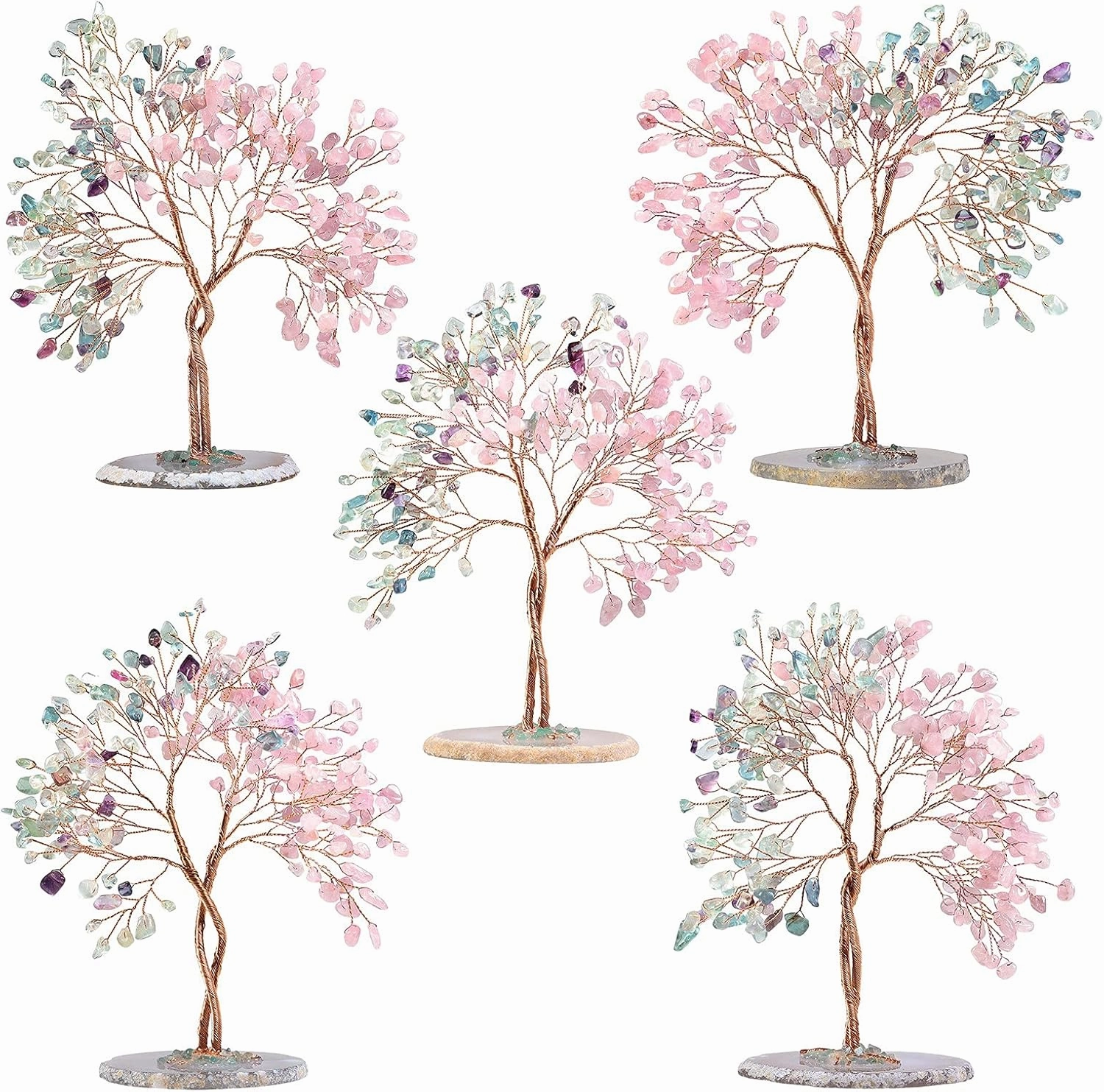 SUNYIK Healing Crystal Tree Sculpture Set on Natural Agate Slices Base, Tree of Life Fengshui Handmade Gift Home Decor for Love and Good Luck, Rose Quartz & Fluorite