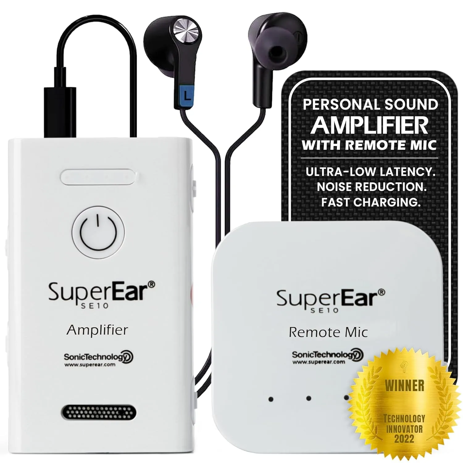 SuperEar10 Complete Set - Personal Rechargeable Sound Amplifier with Remote Microphone, Noise Cancelling & PSAP TV Headphone Amplifier, Personal Sound Amplification Device and Audio Accessories
