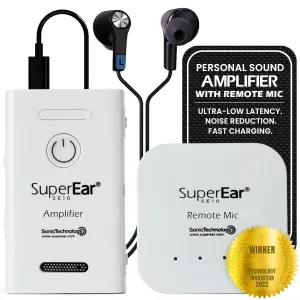 SuperEar10 Complete Set - Personal Rechargeable Sound Amplifier with Remote Microphone, Noise Cancelling & PSAP TV Headphone Amplifier, Personal Sound Amplification Device and Audio Accessories