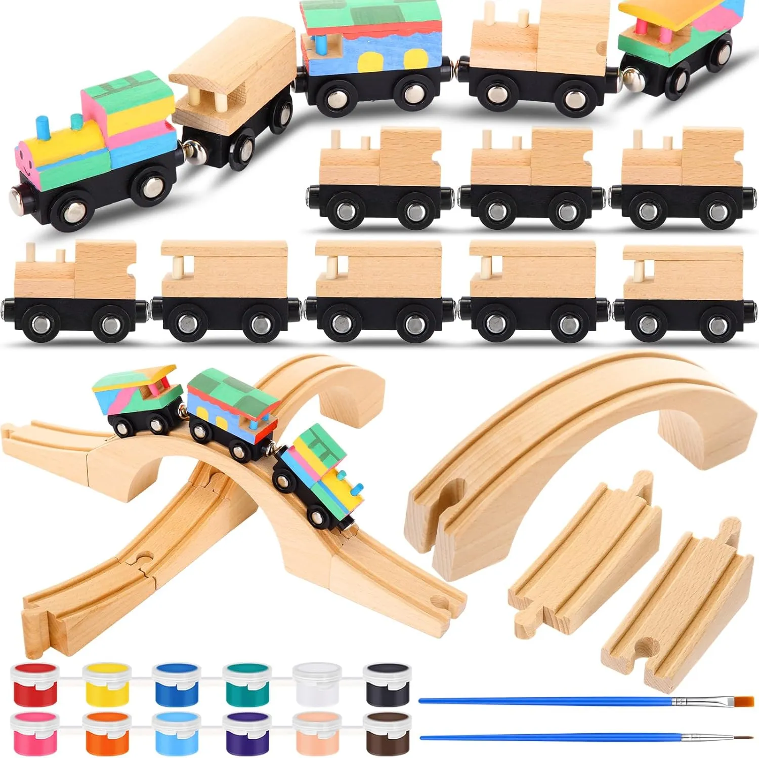 Suzile 22 Pcs Unfinished DIY Wooden Trains Set 2 Styles Unpainted Magnetic Car Wood Train Track Expansion Wooden Train Bridges for Trains Track Themed Party Supplies Birthday Gifts Craft Painting