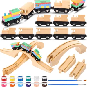 Suzile 22 Pcs Unfinished DIY Wooden Trains Set 2 Styles Unpainted Magnetic Car Wood Train Track Expansion Wooden Train Bridges for Trains Track Themed Party Supplies Birthday Gifts Craft Painting