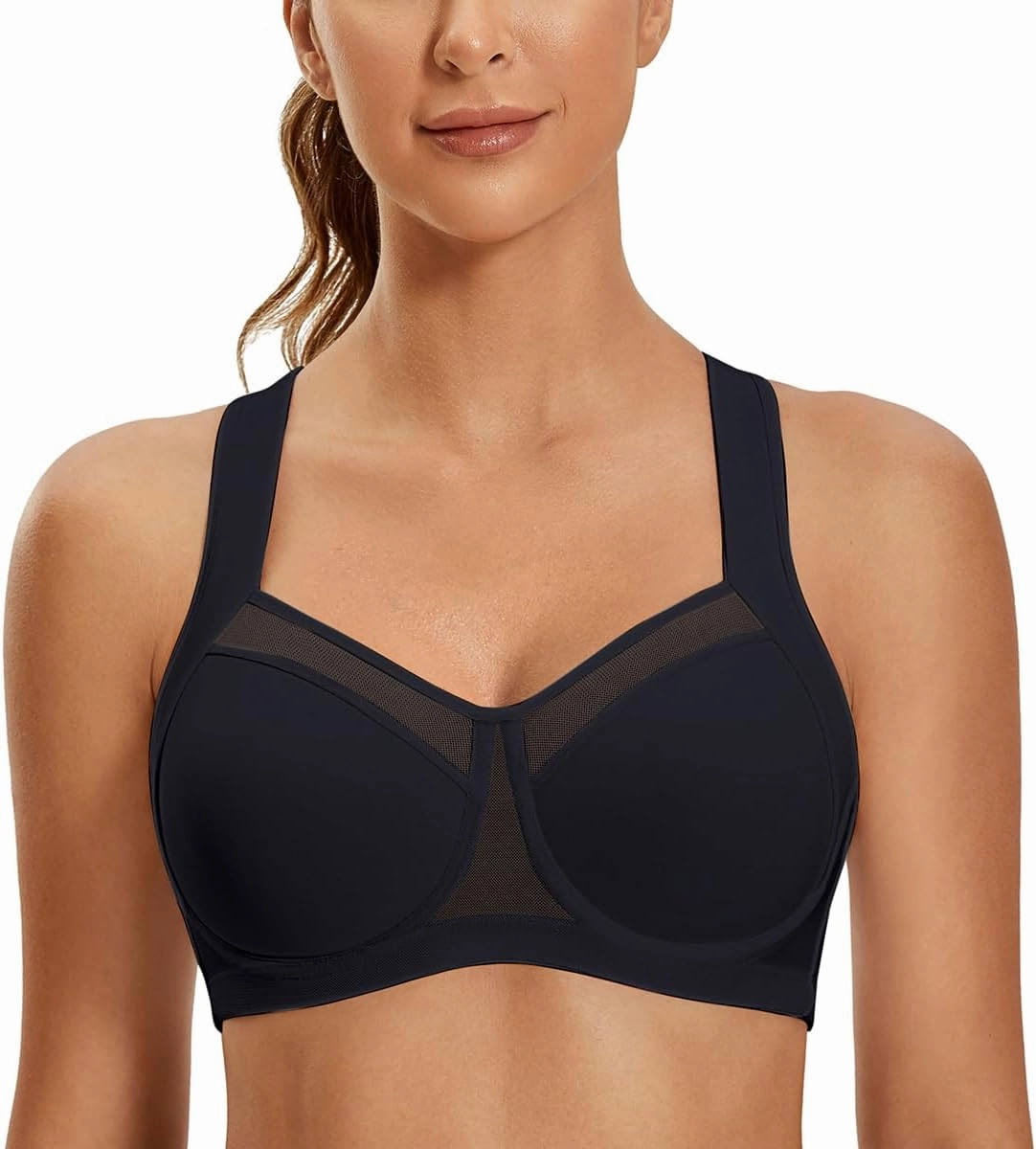 SYROKAN High Impact Sports Bras for Women High Support No Uniboob Underwire Adjustable Cross Back Bra