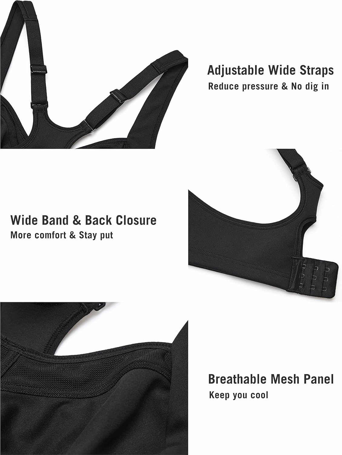 SYROKAN High Impact Sports Bras for Women High Support Unlined Underwire Racerback No Uniboob Workout Bra