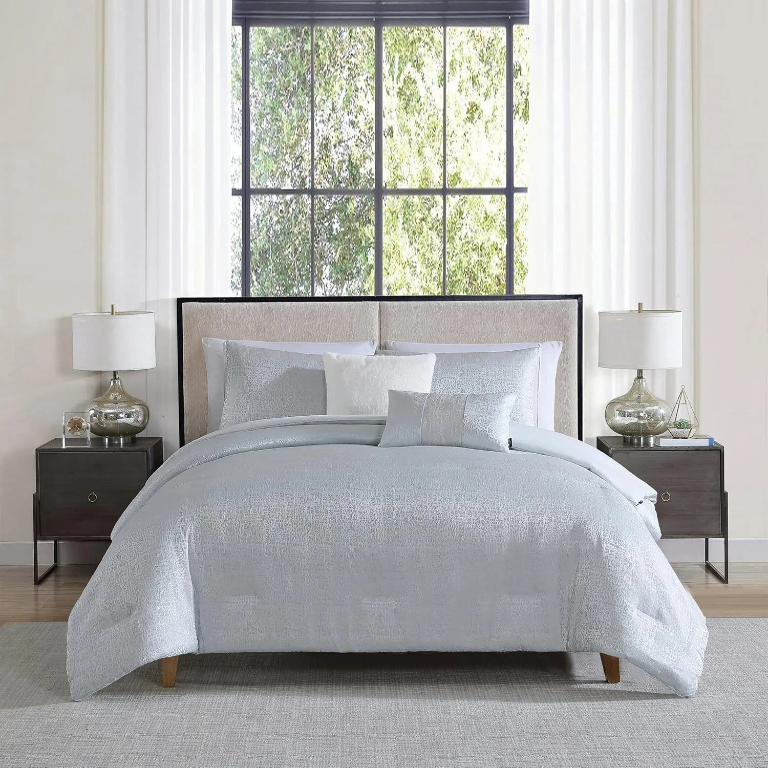 Tahari Home - Comforter Set, Jacquard 5-Piece Bedding with Matching Shams & Decorative Pillows, Ideal for All Seasons (Sterling Ice Blue, King)