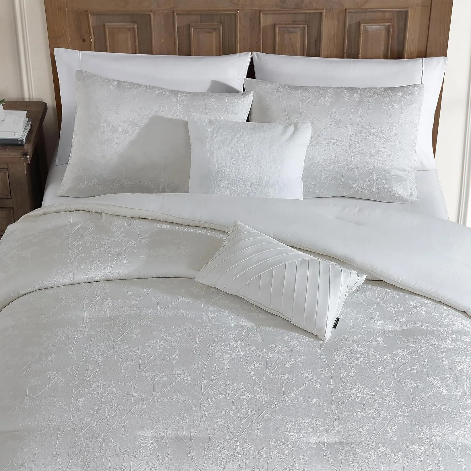 TAHARI Home - Queen Size Comforter, 5-Piece Jacquard Bedding Set with Matching Shams & Decorative Pillows (Nikka Collection, Coconut Milk)