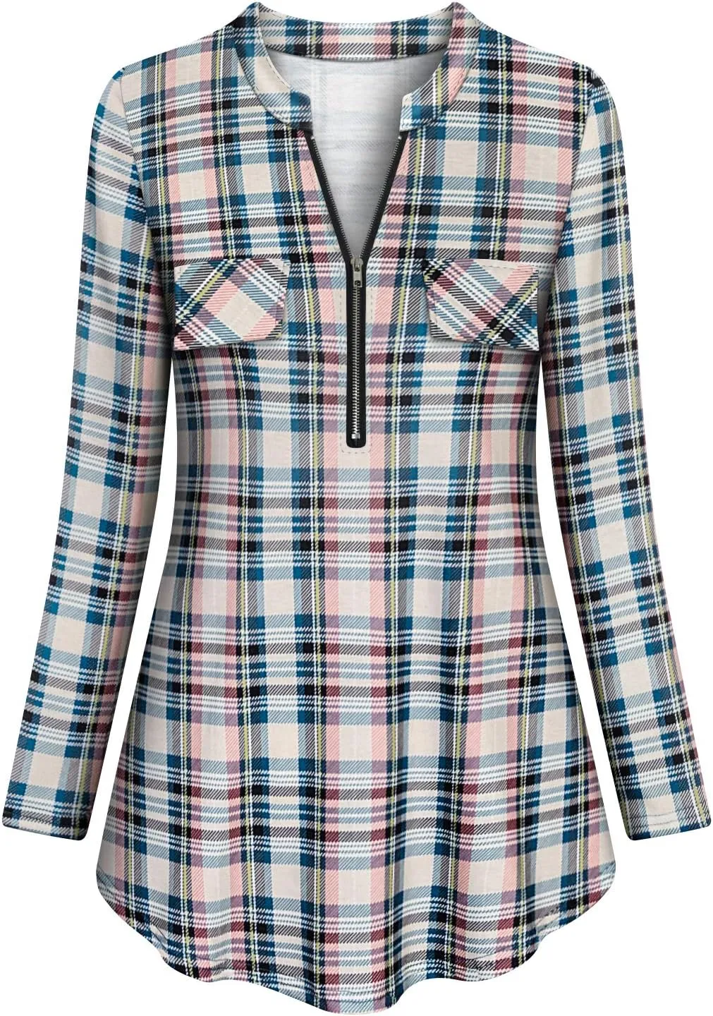 Tanst Sky Womens Casual Long Sleeve Zipped V Neck Plaid Tunic Blouses