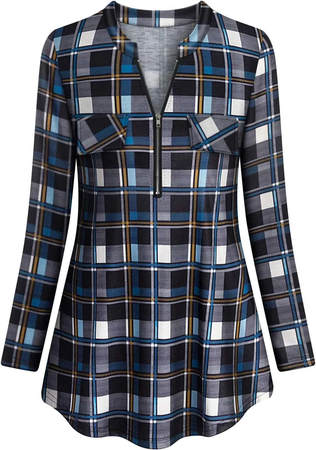 Tanst Sky Womens Casual Long Sleeve Zipped V Neck Plaid Tunic Blouses
