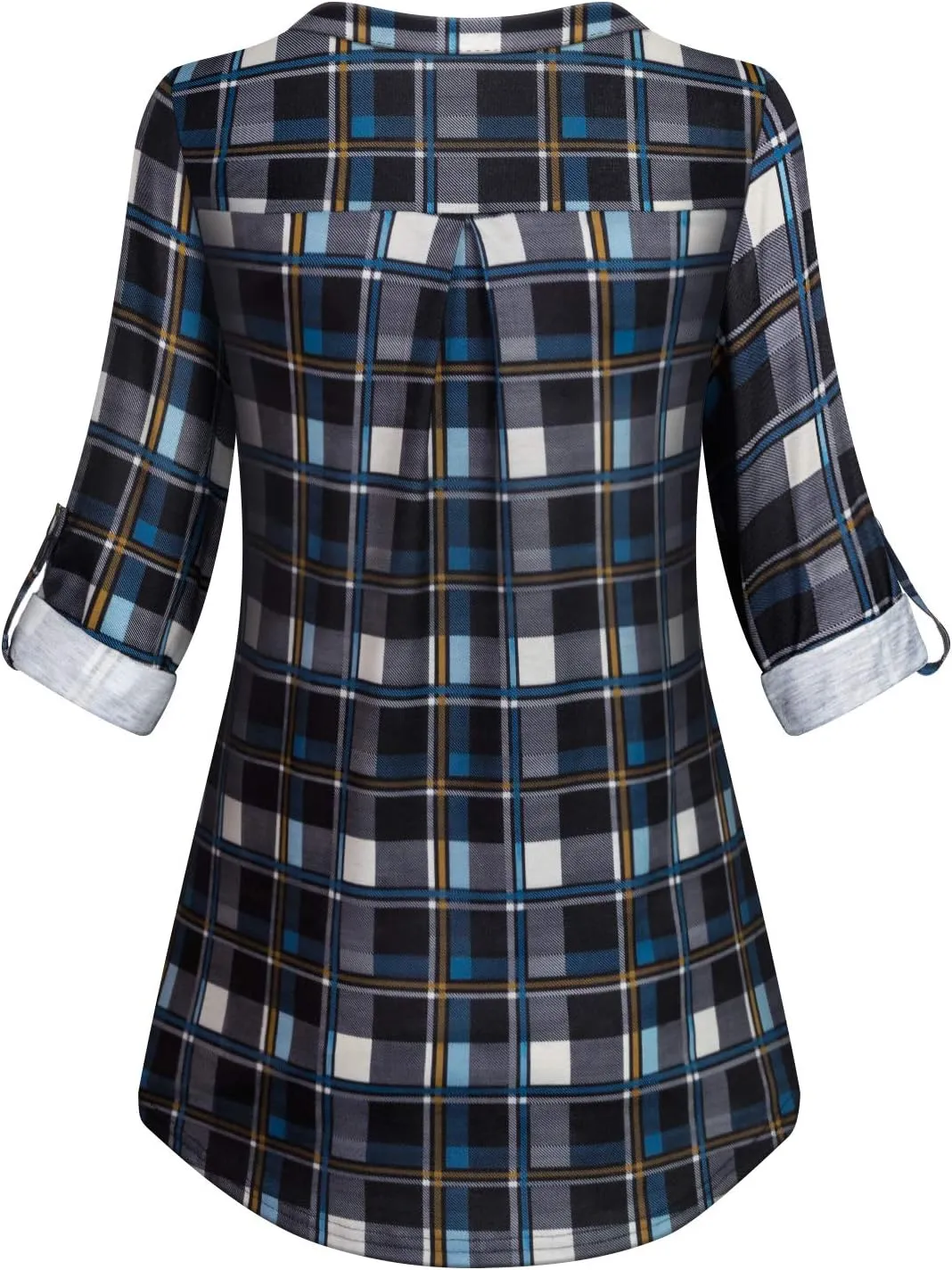 Tanst Sky Womens Casual Long Sleeve Zipped V Neck Plaid Tunic Blouses