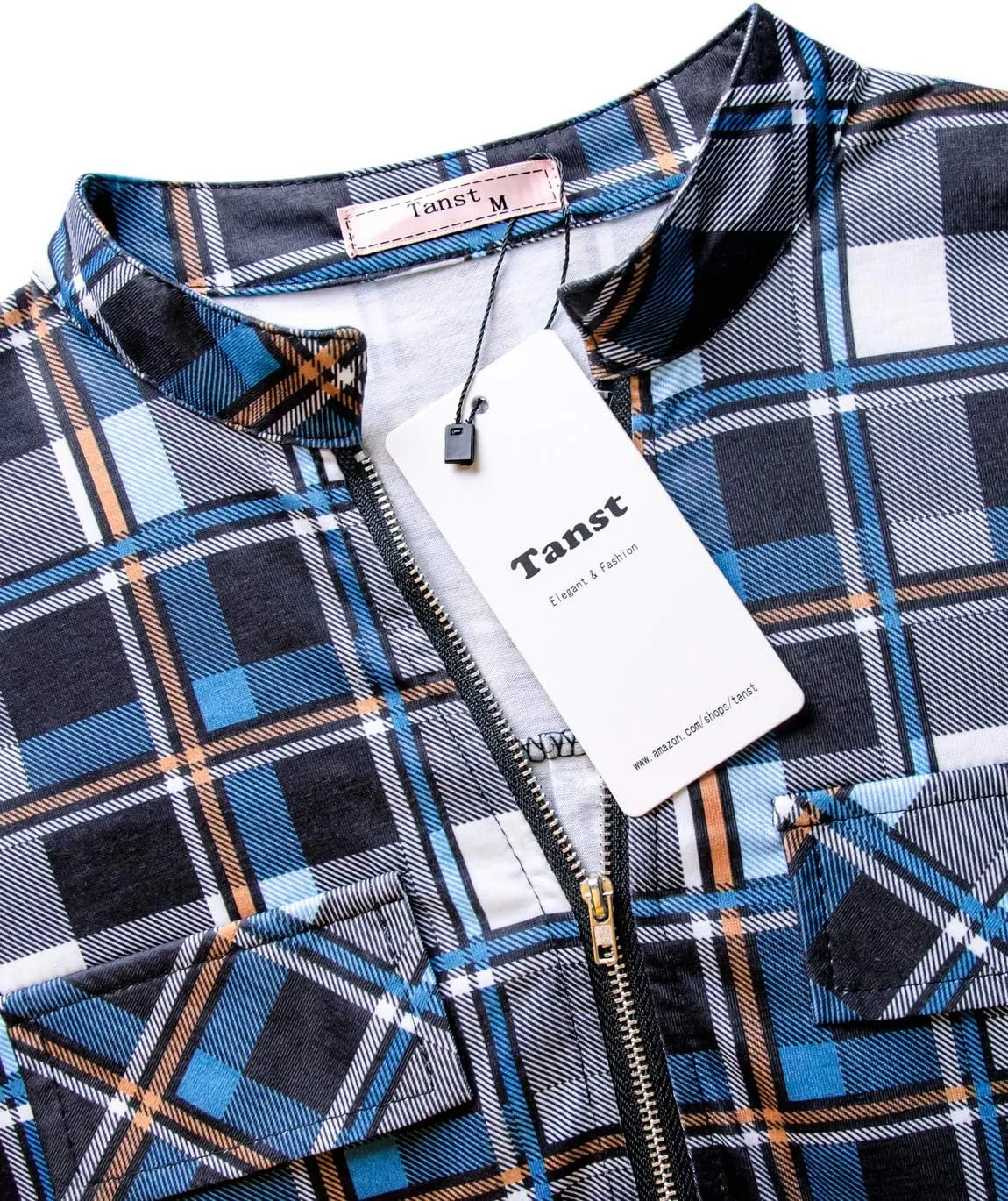 Tanst Sky Womens Casual Long Sleeve Zipped V Neck Plaid Tunic Blouses