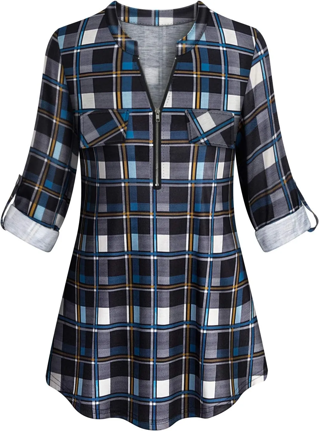 Tanst Sky Womens Casual Long Sleeve Zipped V Neck Plaid Tunic Blouses