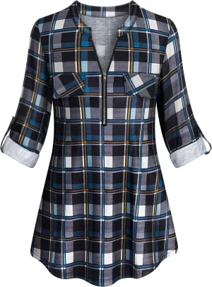 Tanst Sky Womens Casual Long Sleeve Zipped V Neck Plaid Tunic Blouses
