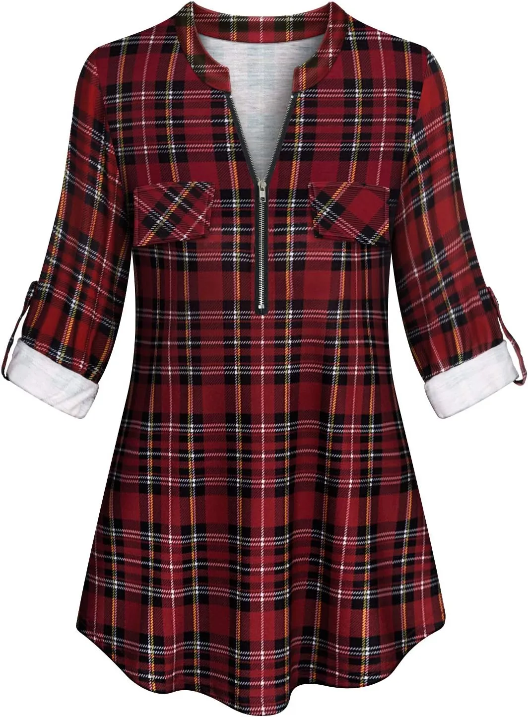 Tanst Sky Womens Casual Long Sleeve Zipped V Neck Plaid Tunic Blouses