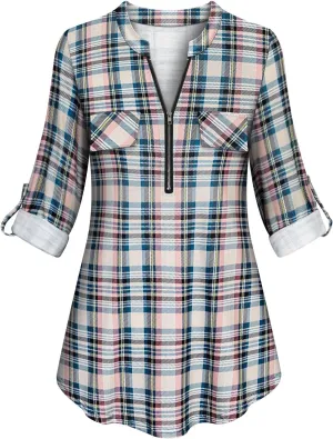Tanst Sky Womens Casual Long Sleeve Zipped V Neck Plaid Tunic Blouses