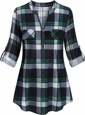 Tanst Sky Womens Casual Long Sleeve Zipped V Neck Plaid Tunic Blouses