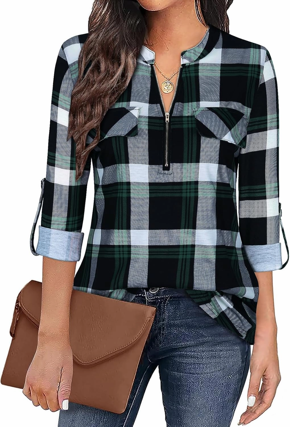 Tanst Sky Womens Casual Long Sleeve Zipped V Neck Plaid Tunic Blouses