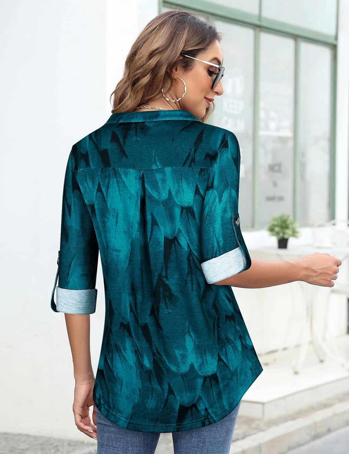 Tanst Sky Womens Casual Long Sleeve Zipped V Neck Plaid Tunic Blouses