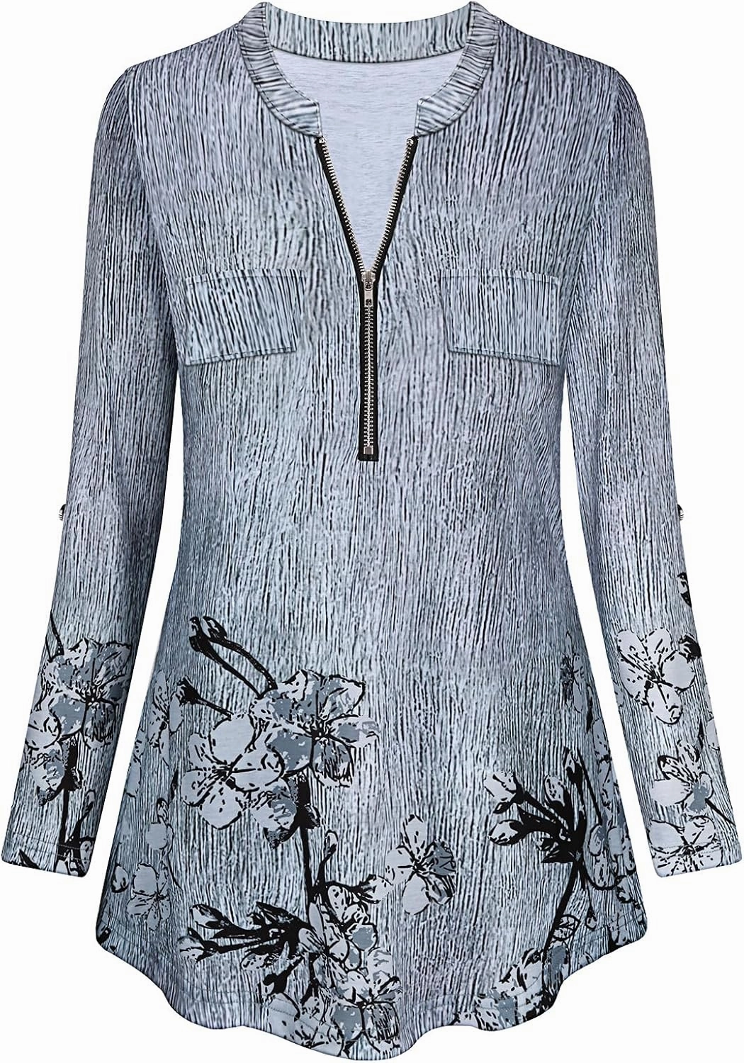 Tanst Sky Womens Casual Long Sleeve Zipped V Neck Plaid Tunic Blouses