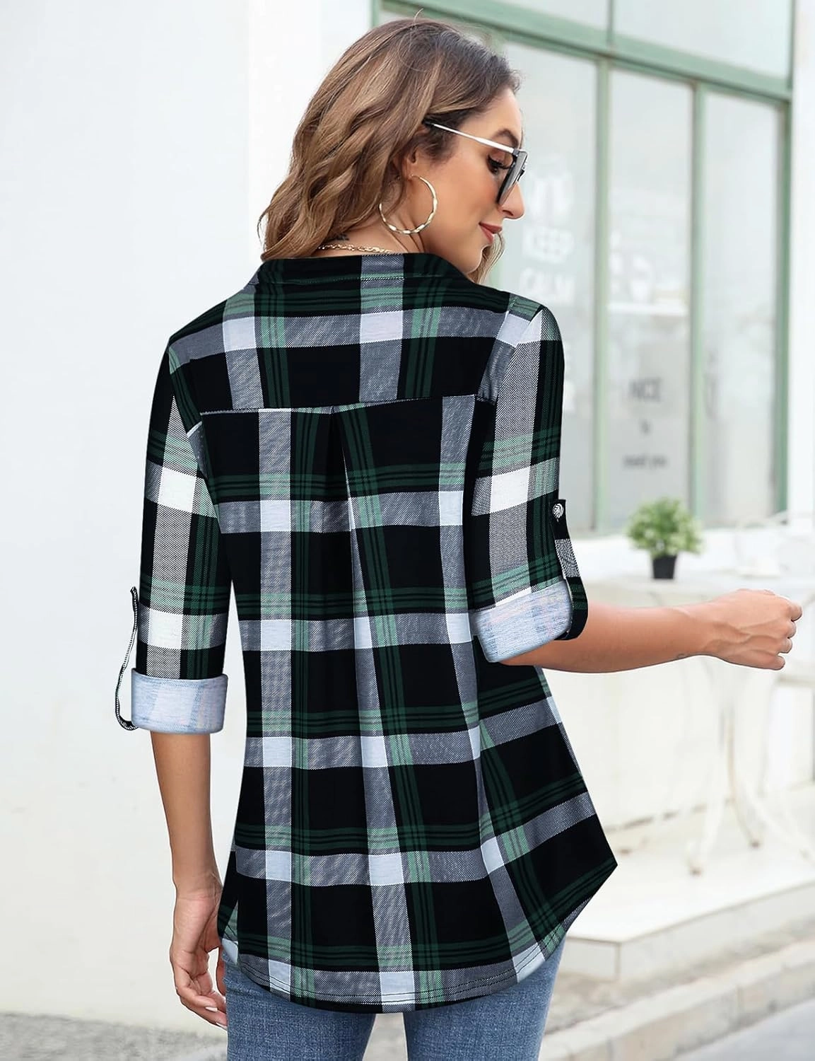 Tanst Sky Womens Casual Long Sleeve Zipped V Neck Plaid Tunic Blouses