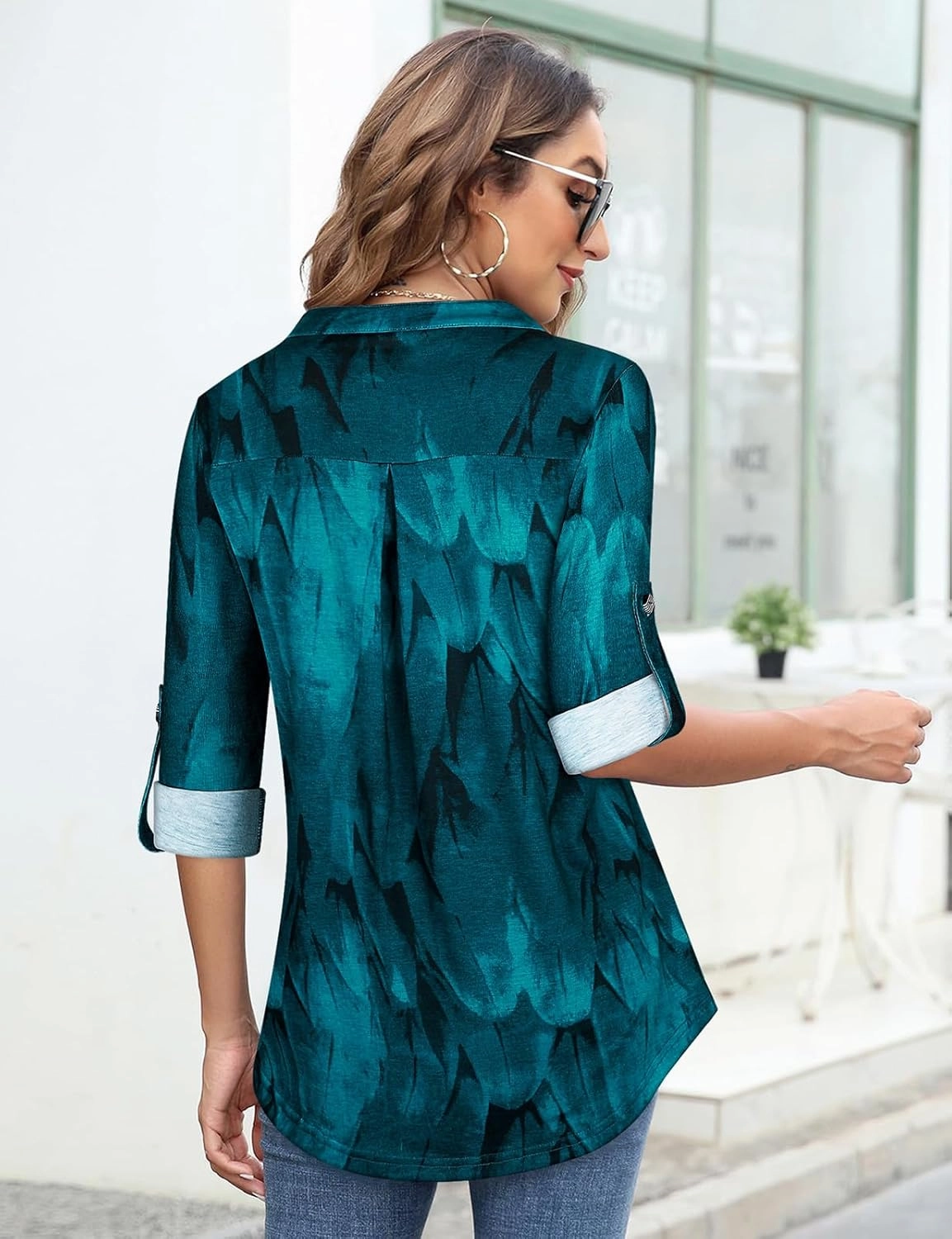 Tanst Sky Womens Casual Long Sleeve Zipped V Neck Plaid Tunic Blouses