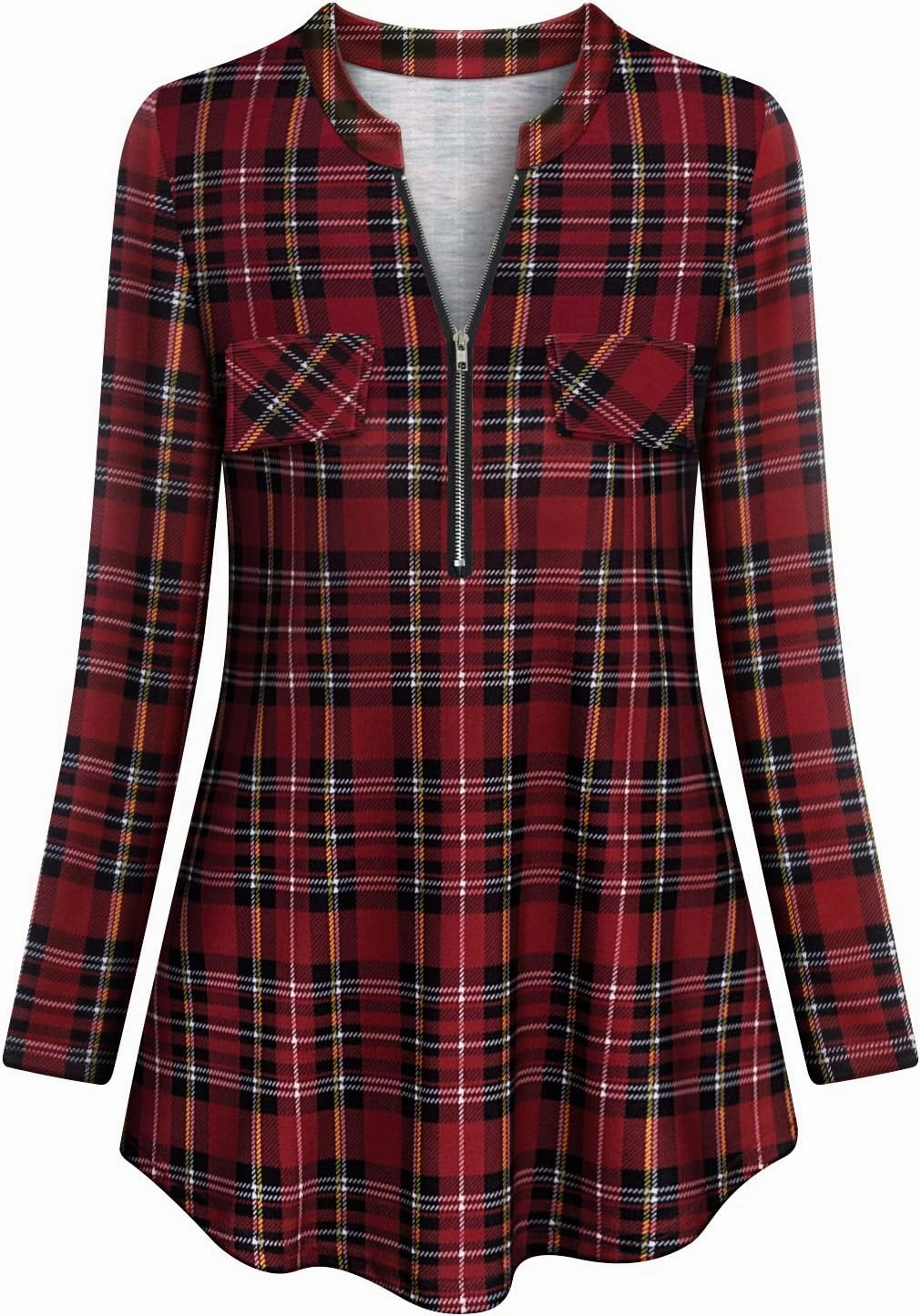 Tanst Sky Womens Casual Long Sleeve Zipped V Neck Plaid Tunic Blouses