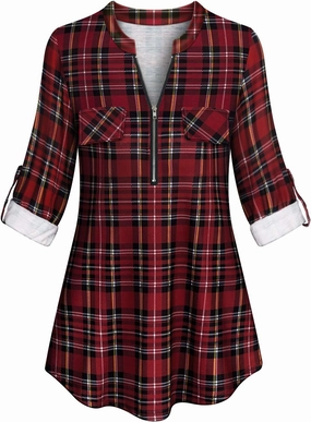 Tanst Sky Womens Casual Long Sleeve Zipped V Neck Plaid Tunic Blouses