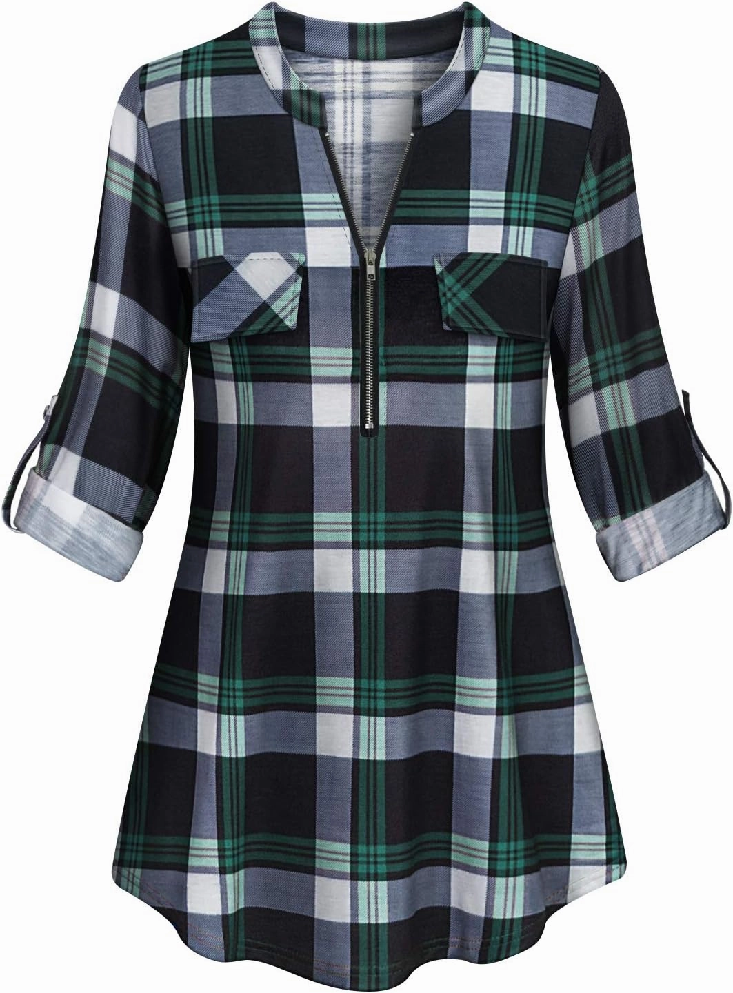 Tanst Sky Womens Casual Long Sleeve Zipped V Neck Plaid Tunic Blouses