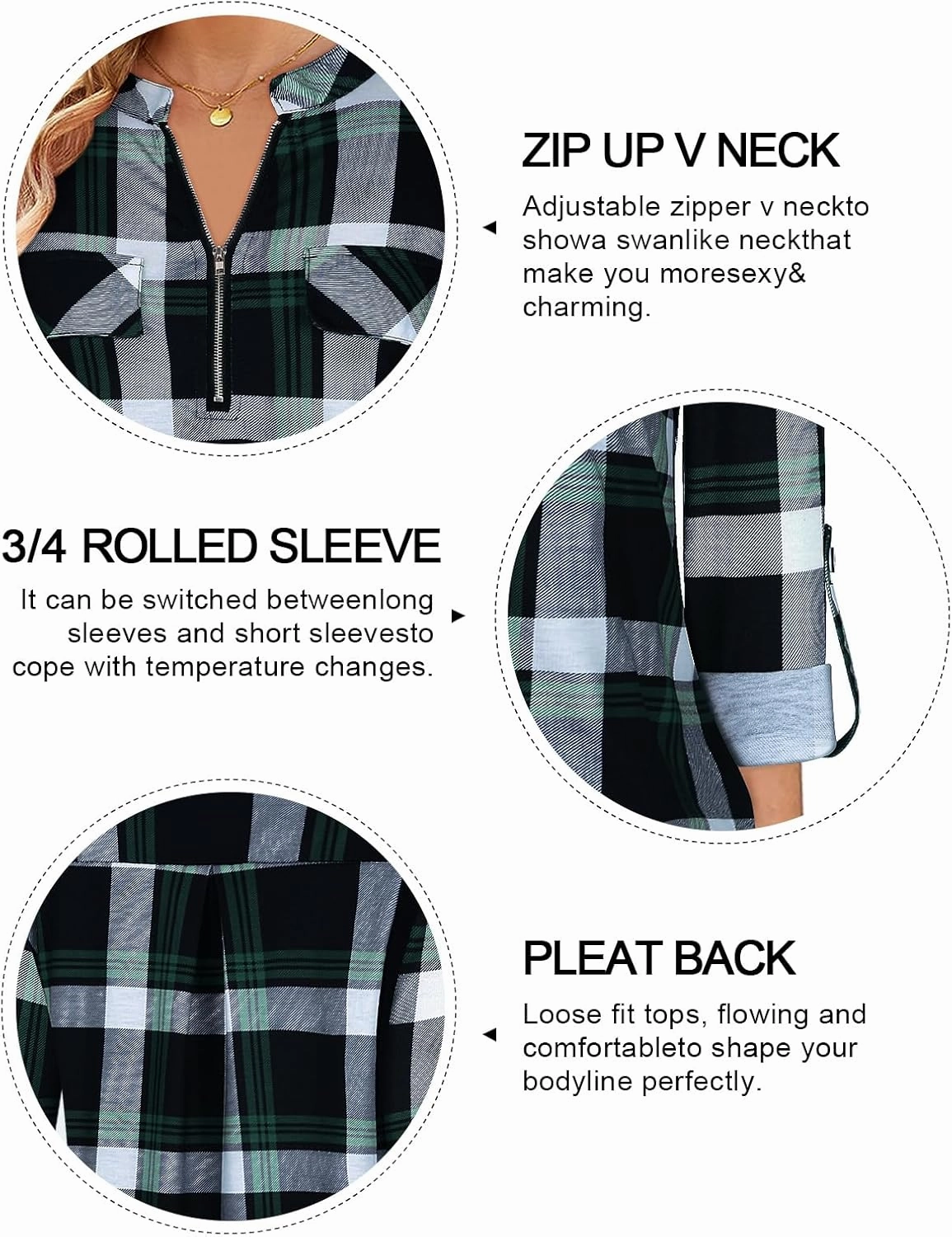 Tanst Sky Womens Casual Long Sleeve Zipped V Neck Plaid Tunic Blouses