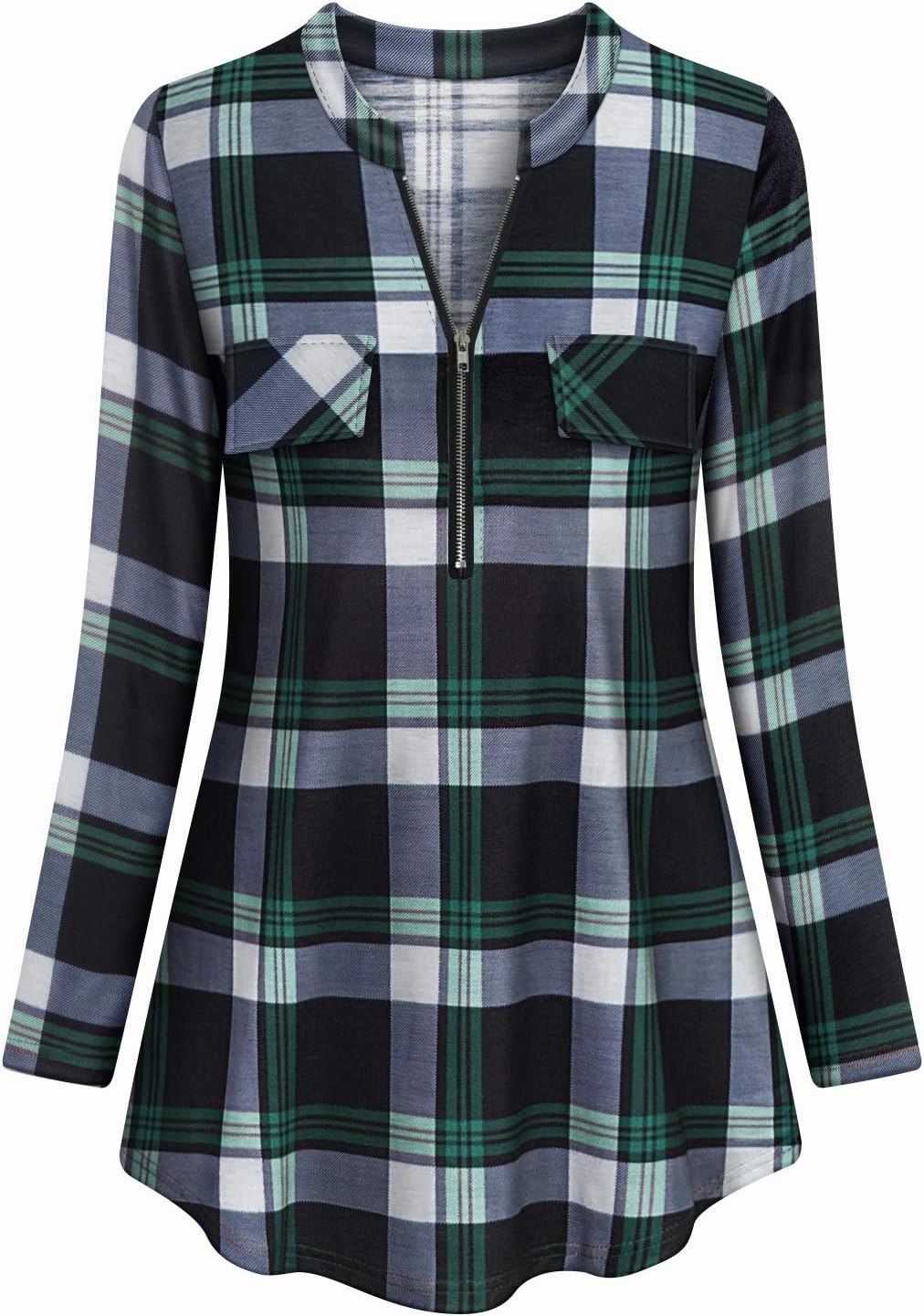 Tanst Sky Womens Casual Long Sleeve Zipped V Neck Plaid Tunic Blouses