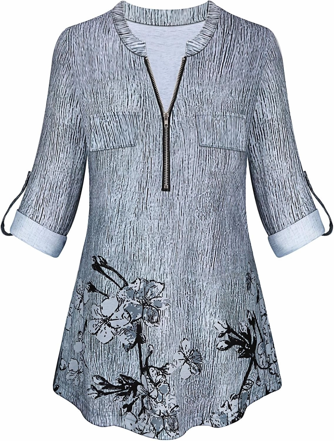 Tanst Sky Womens Casual Long Sleeve Zipped V Neck Plaid Tunic Blouses