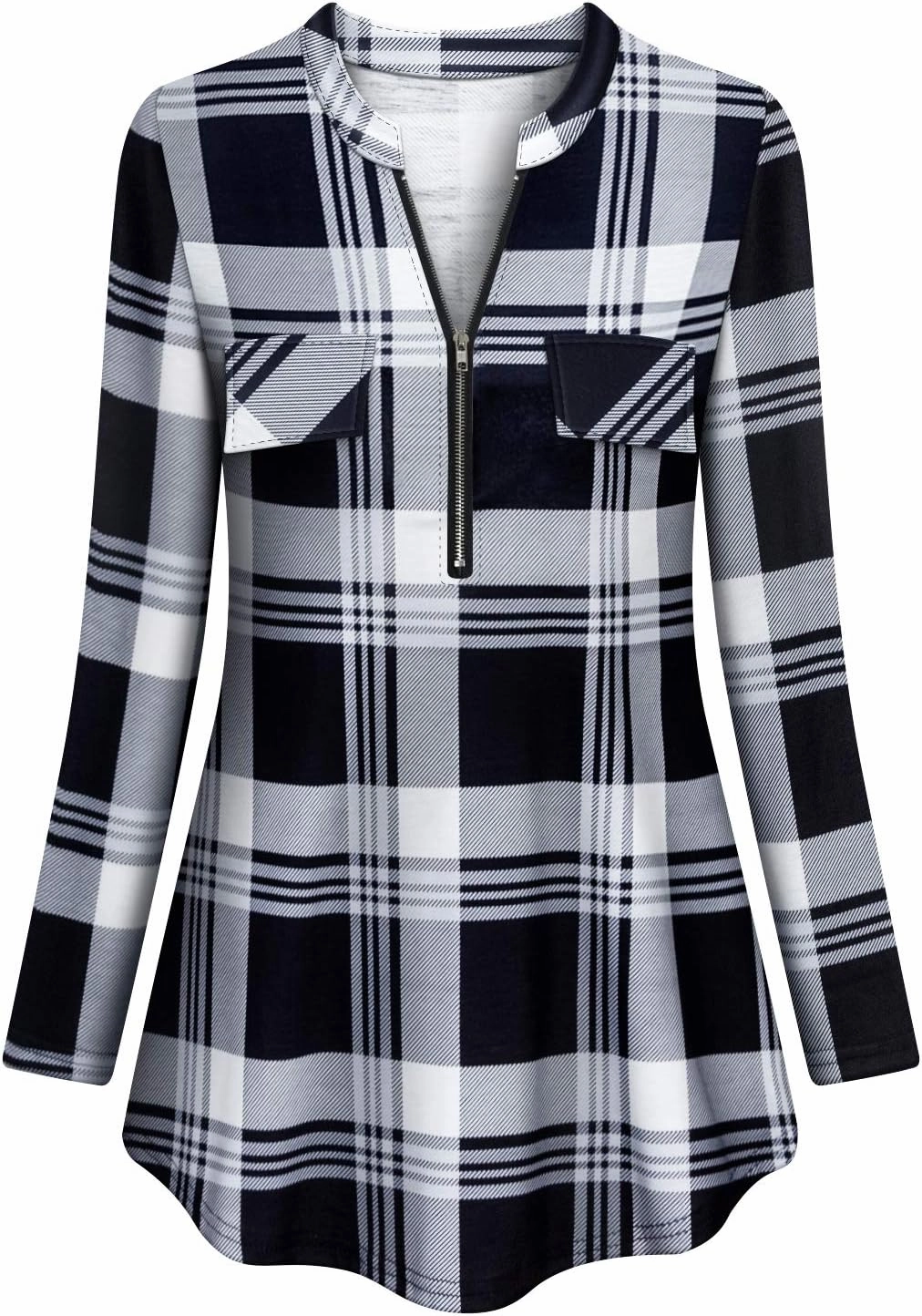 Tanst Sky Womens Casual Long Sleeve Zipped V Neck Plaid Tunic Blouses