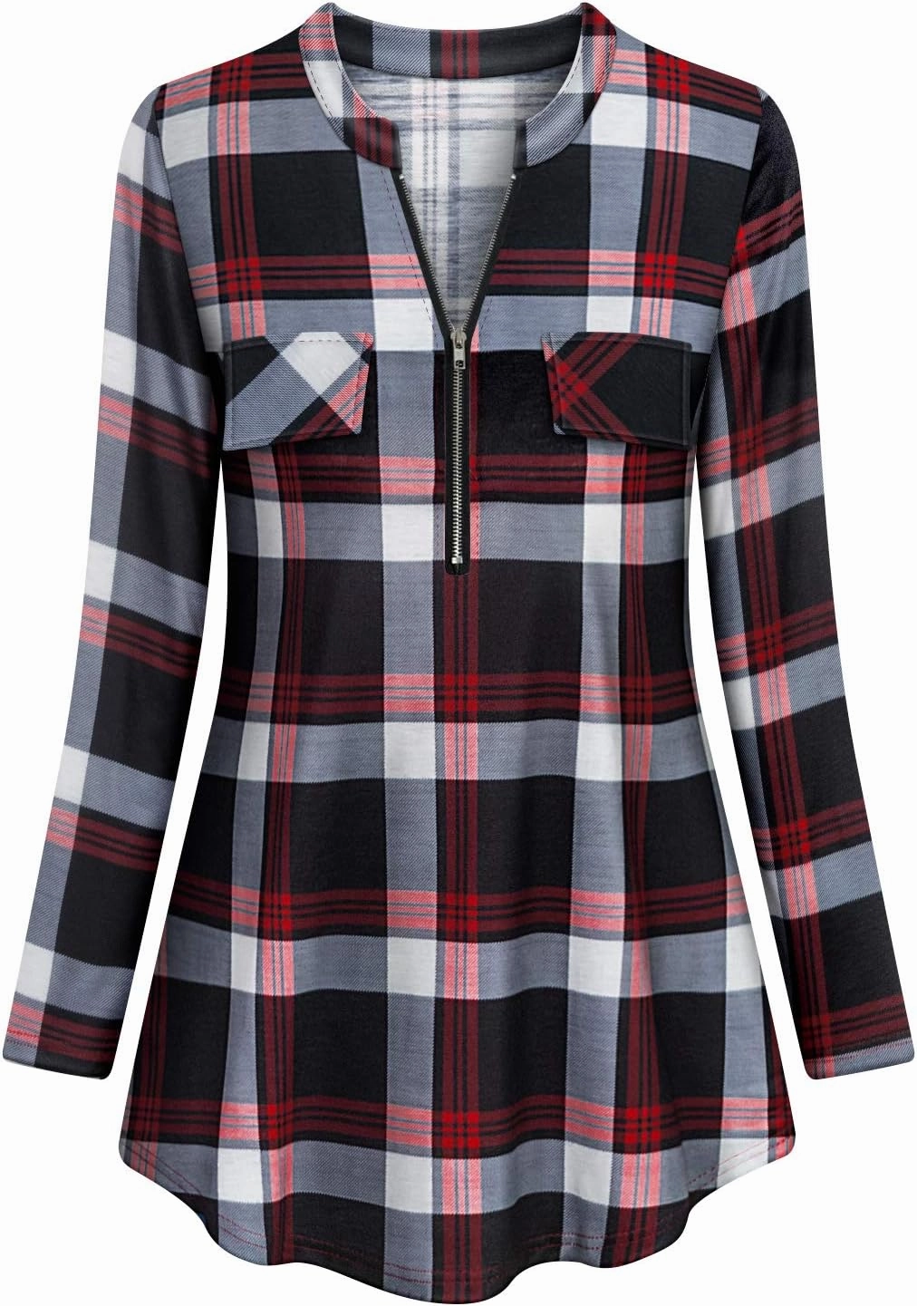 Tanst Sky Womens Casual Long Sleeve Zipped V Neck Plaid Tunic Blouses