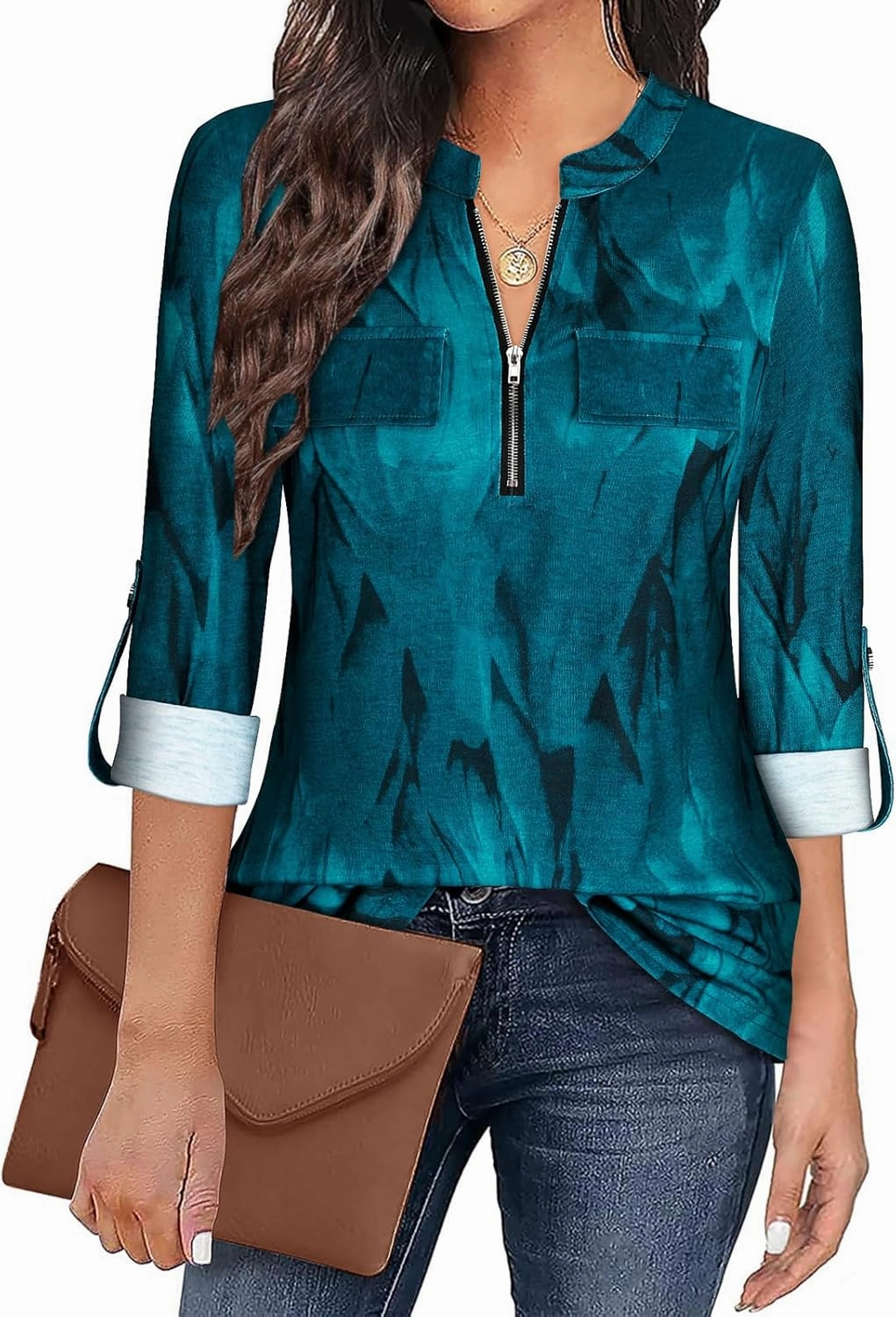 Tanst Sky Womens Casual Long Sleeve Zipped V Neck Plaid Tunic Blouses