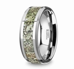 TARGARYEN Men’s Tungsten Ring with Green Dinosaur Bone Inlay & Beveled Edges - 8mm