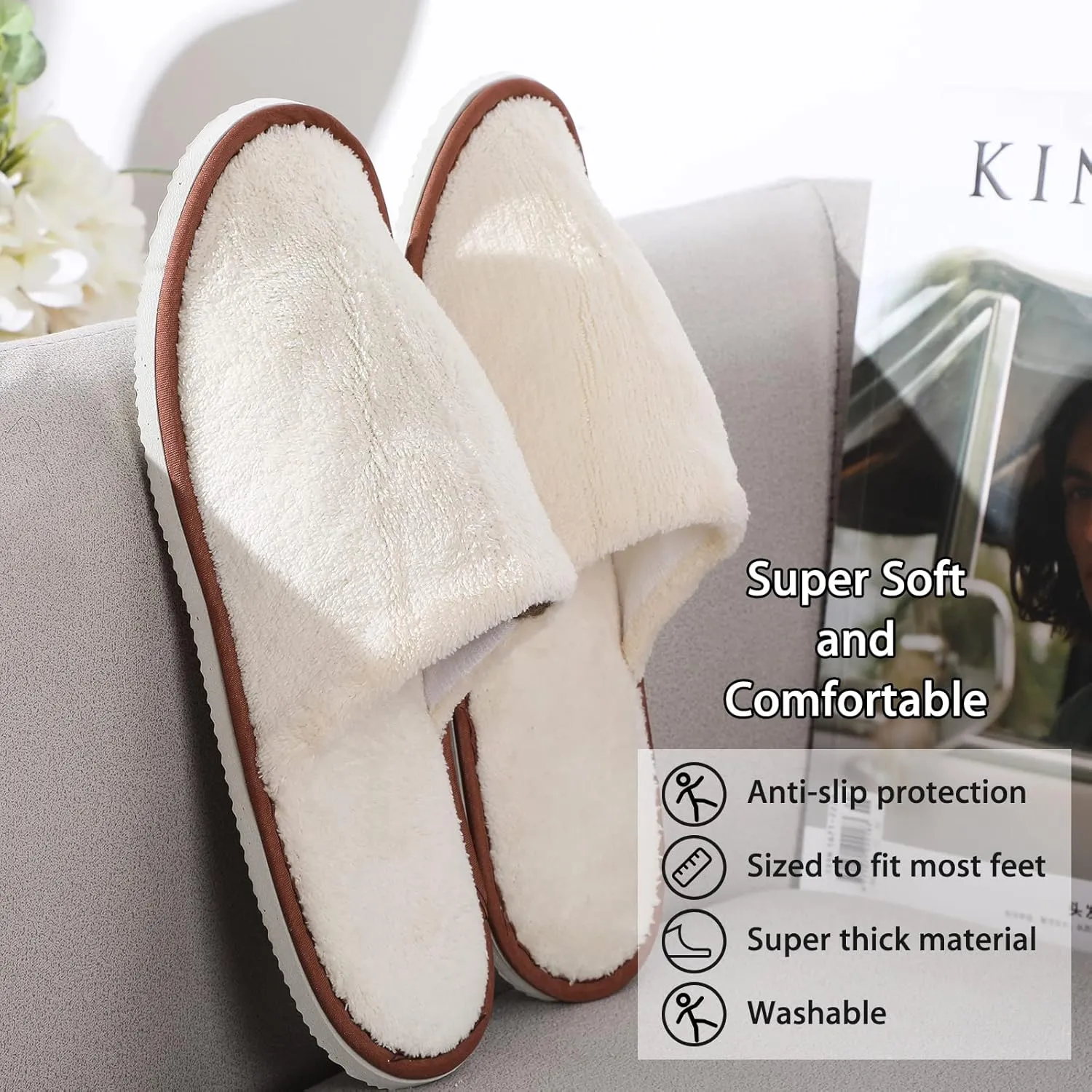 Tarpop 12 Pairs Disposable Slippers for Guests Bulk House Spa Slippers Fluffy Coral Fleece Indoor Hotel Shoes for Women Men Shoeless Home Hotel Bedroom Travel(White, Yellow, Grey)