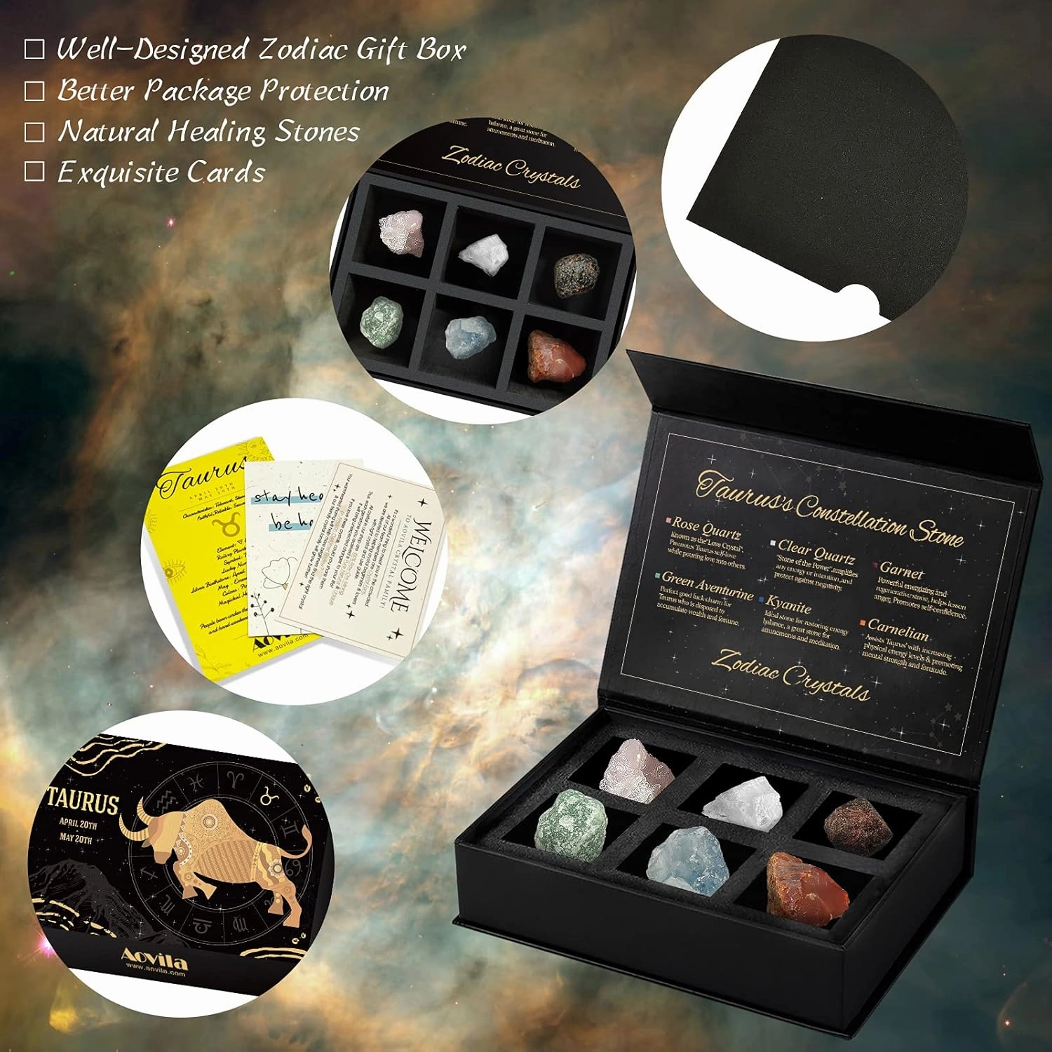 Taurus Crystals Gift Set, Zodiac Signs Healing Crystals Birthstones with Horoscope Box Set Taurus Astrology Crystals Healing Stones Gifts