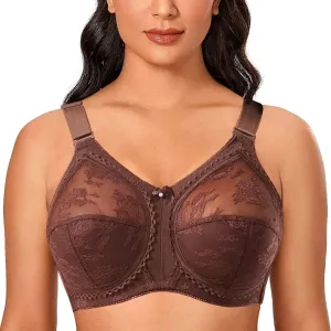 TELIMUSSTO Women's Floral Lace Bra Plus Size Firm Hold Non Wired Non Padded Full Coverage Minimizer