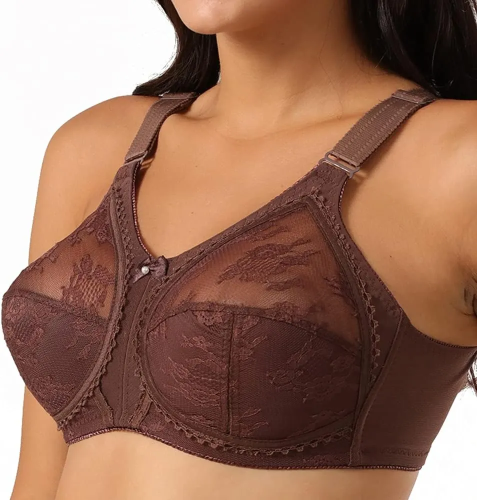 TELIMUSSTO Women's Floral Lace Bra Plus Size Firm Hold Non Wired Non Padded Full Coverage Minimizer
