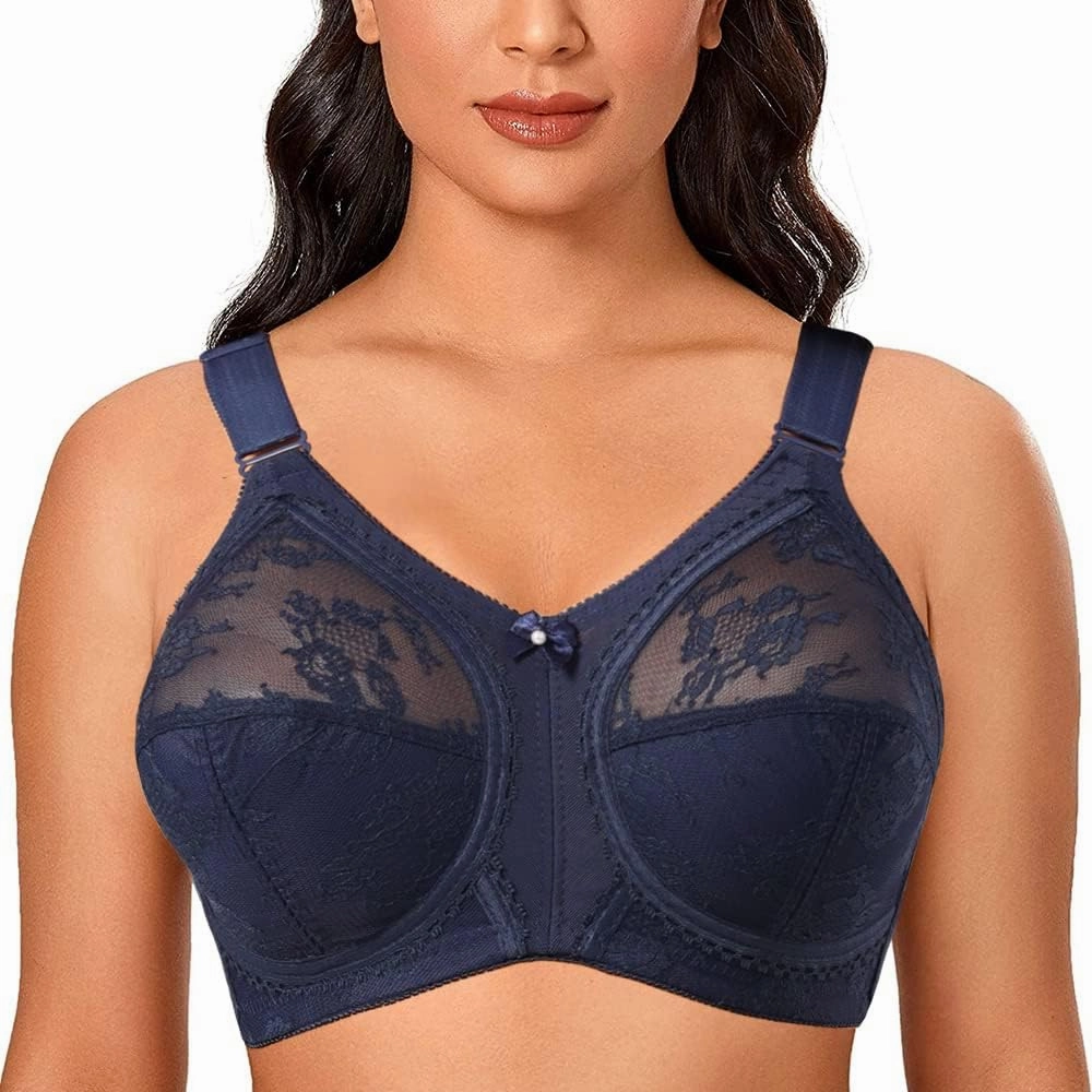 TELIMUSSTO Women's Floral Lace Bra Plus Size Firm Hold Non Wired Non Padded Full Coverage Minimizer