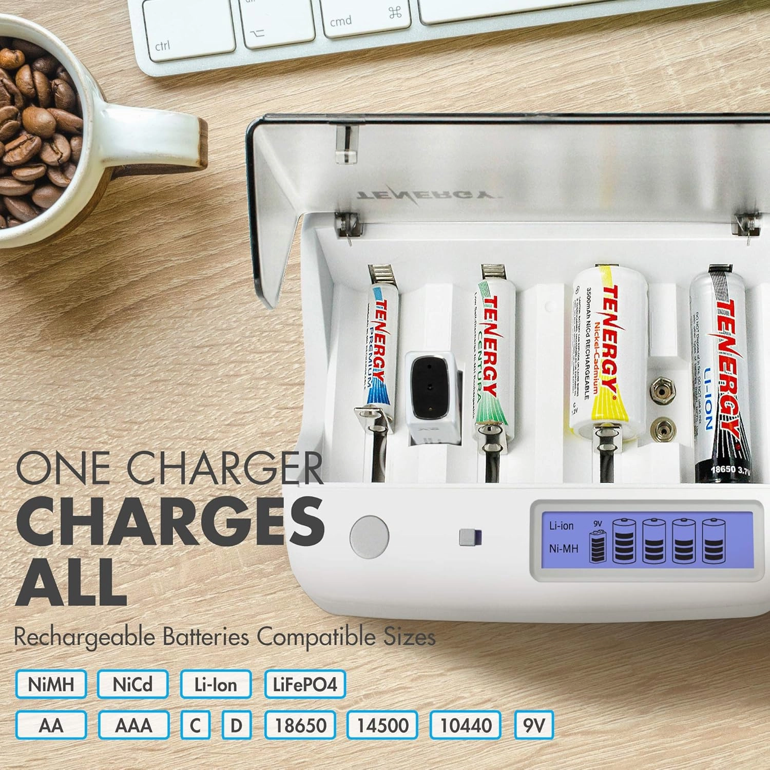 Tenergy TN299 Universal Battery Charger, Hybrid NiCd, Li-ion, LiFePO4 NiMH Smart Battery Charger for Rechargeable AA, AAA, C, D, 9V, 18650, 14500, 10440 Batteries with 4 Independent Charging Slots