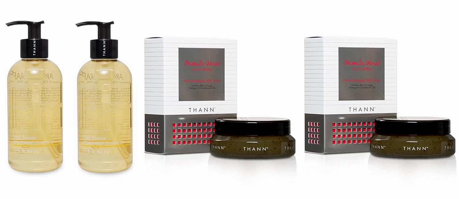 THANN Eden Breeze Shower Gel and Aromatic Wood Aromatherapy Salt Scrub Set.