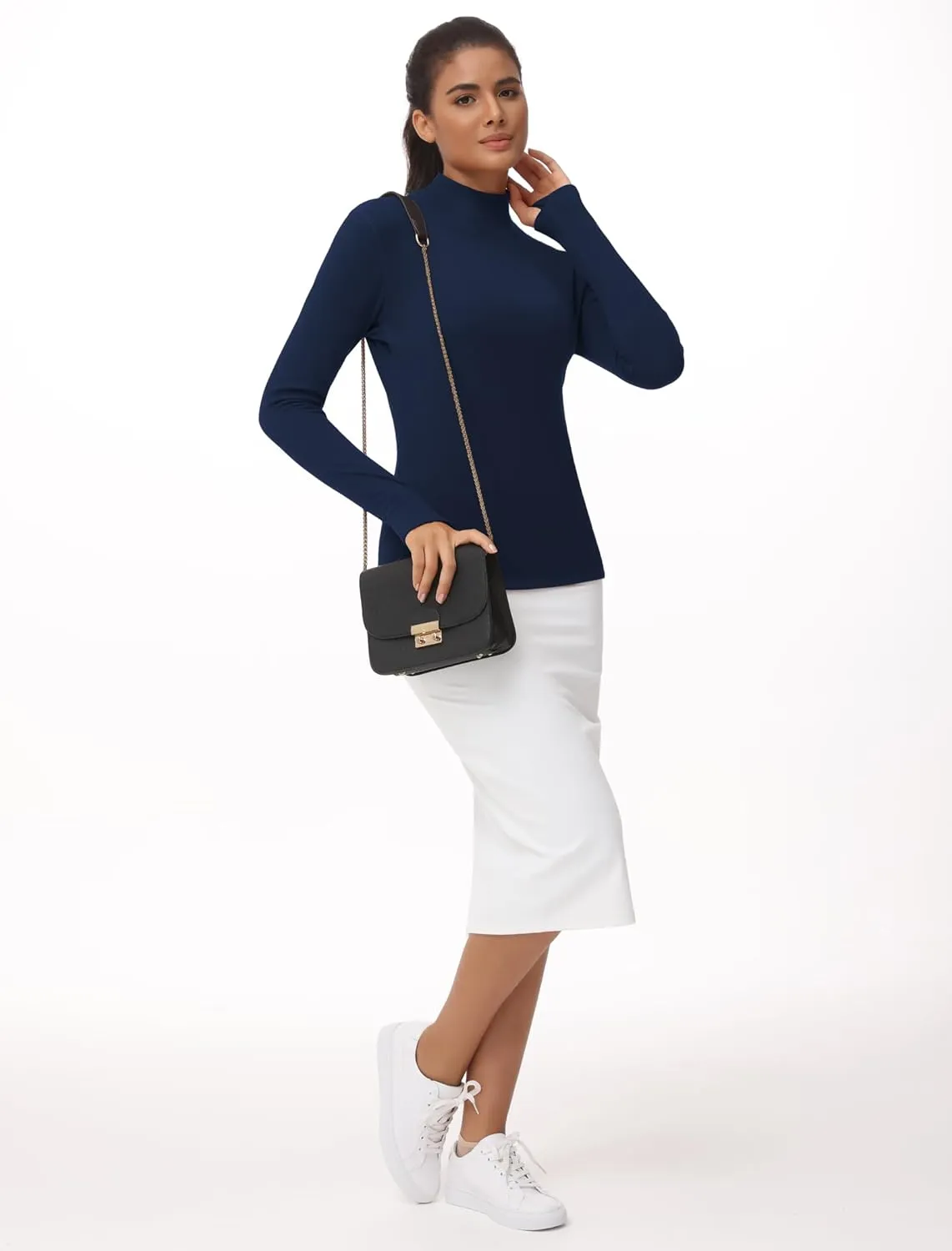 THE GYM PEOPLE Women's Mock Turtleneck Long Sleeve Shirts Fleece Thermal Underwear Pullover Tops with Thumb Hole