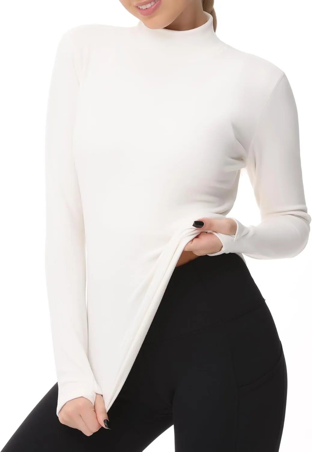 THE GYM PEOPLE Women's Mock Turtleneck Long Sleeve Shirts Fleece Thermal Underwear Pullover Tops with Thumb Hole